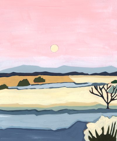 Rosa solnedgång över Villacuri, 2023 (akryl på papper) av Andrea Mejia