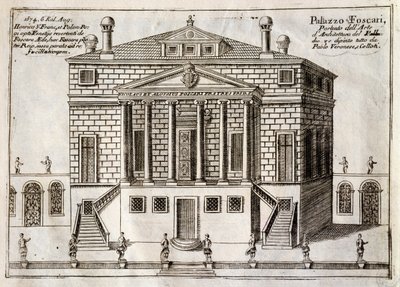 Huvudfasaden på Villa Foscari känd som La Malcontenta, Mira, designad av Andrea Palladio (1508-1580), gravyr från Längs Brenta-kanalen, nästan stadsdel av staden Venedig, av Vincenzo Coronelli (1650-1718), Venedig av Andrea Palladio