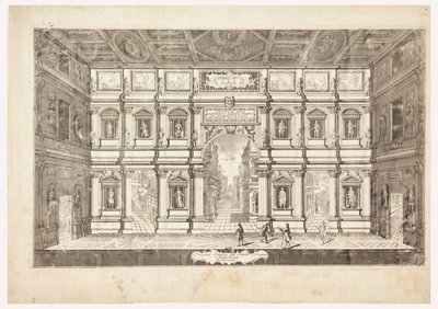 Interiörhöjd av den olympiska teatern i staden Vincenza (Utsikt över scenen i Teatro Olimpico i Vicenza) av Andrea Palladio