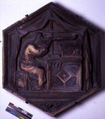Musik, hexagonal dekorativ reliefplatta från en serie som föreställer de sju liberala konsterna, möjligen baserad på design av Giotto (ca 1266-1337) ca 1334-48 (marmor) av Andrea Pisano