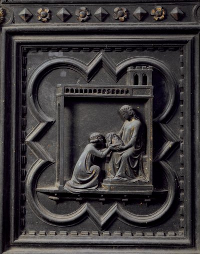 Salome tar med Johannes Döparens huvud till sin moder Herodias, Herodes hustru, artonde panelen av södra dörrarna till dopkapellet i San Giovanni, 1336 (brons) av Andrea Pisano