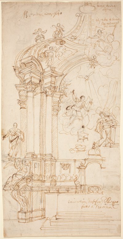 En Baldachin med en målning av bebådelsen, ca 1708 eller senare (tuschteckning) av Andrea Pozzo