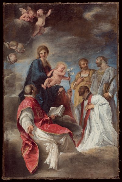 Madonnan och barnet med de heliga Ignatius av Loyola, Francis Xavier, Cosmas och Damian av Andrea Sacchi