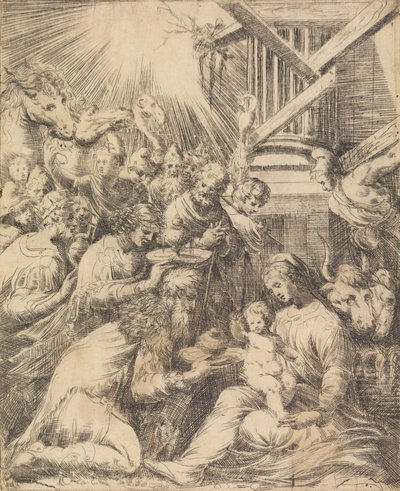 Tillbedjan av Magi, ca. 1553-60. av Andrea Schiavone