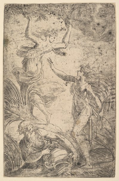 Apollo till höger håller en pilbåge som jagar Daphne till vänster, ca. 1538-40. av Andrea Schiavone