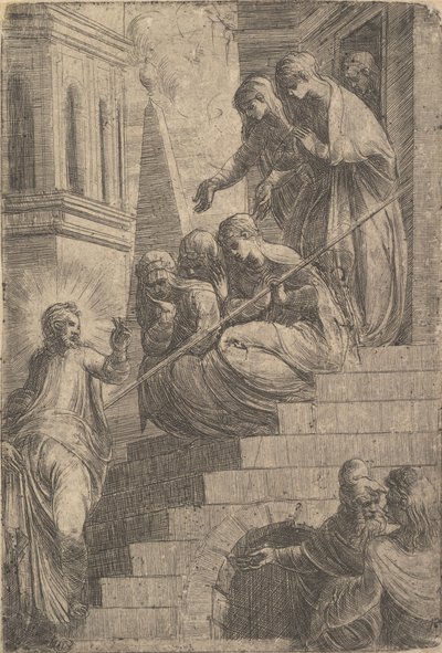 Kristus talar till en grupp kvinnor som sitter och står på trappor, ca. 1541-44. av Andrea Schiavone
