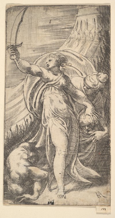 Judith höjde sitt svärd i sin högra hand och placerade Holofernes huvud i sa..., ca. 1542-45. av Andrea Schiavone