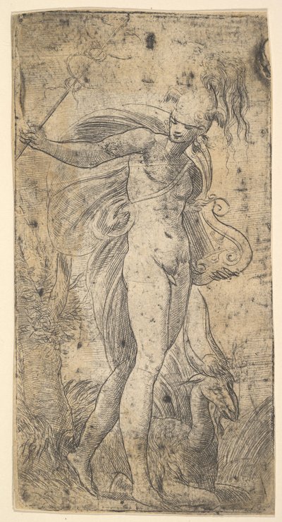 Merkurius står och håller en kadekus i höger hand, en lyra i vänster, ca. 1536-40. av Andrea Schiavone