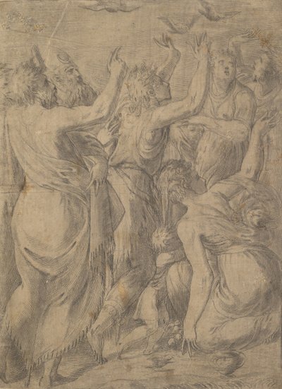 Moses visar vaktlarna för israeliterna under vaktlarna och mannat, ca. 1545. av Andrea Schiavone