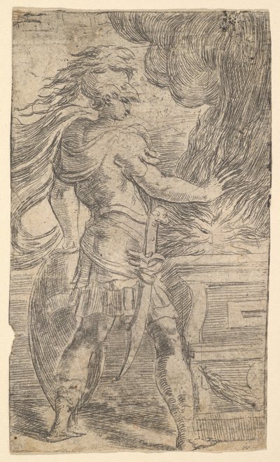 Mutius Scaevola placerade sin hand i lågorna lämnade hälften av en komposition, vars hög..., ca. 1540. av Andrea Schiavone