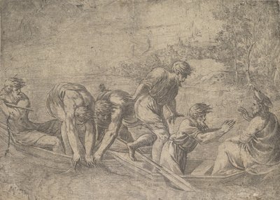 Fiskarnas mirakulösa drag, Kristus till höger åtföljd av apostlar i..., ca.1548-52. av Andrea Schiavone
