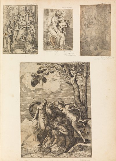Jungfru och barn, omskärelsen, Moses räddade från Nilen, ca. 1542-46. av Andrea Schiavone
