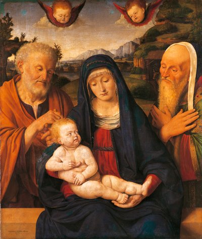 Madonna och barn med de heliga Josef och Simeon av Andrea Solario (1470-1524), tempera och olja på panel, överförd till duk av Andrea Solario