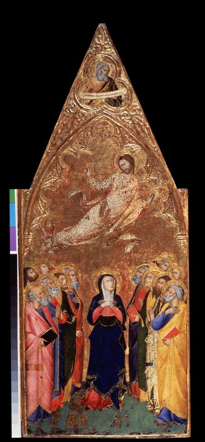 ""Kristi himmelsfärd"" Nedan Jungfru Maria och apostlarna observerar Jesus Kristus. Ovan, representation av profeten Jeremia. Tempera på trä av Andrea Vanni (1332-1414) 1355-1360 Mått 68x28 cm Eremitagemuseet, Sankt Petersburg (Saint-Petersbo) av Andrea Vanni