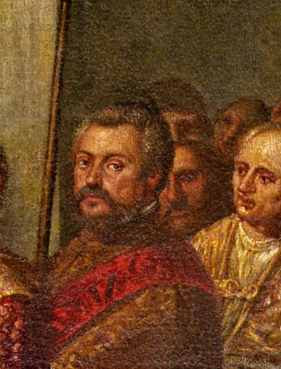 En venetiansk senator, detalj från kung Henri III av Frankrike som besökte Venedig 1574, från de fyra dörrarnas rum (detalj av 71525) av Andrea Vicentino