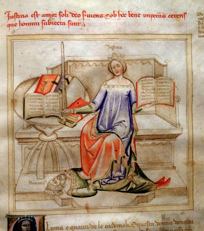 Allegorier of Justice i "" Chansonne des sept Vertus et des sept Arts liberales destinated to Bruzio Visconti "" (Sången om dygderna och vetenskaperna) av Bartolomeo di Bartoli. Akvarell av Andrea di Bartoli (aktiv mellan 1358 och 1368) (ms. 599, fol. av Andrea de Bartoli