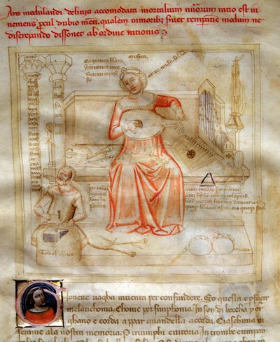 Allegorier av musiken i "" Chansonne des sept Vertus et des sept Arts liberales destinee à Bruzio Visconti "(Sången om dygder och vetenskaper) av Bartolomeo di Bartoli. Akvarell av Andrea di Bartoli (aktiv mellan 1358 och 1368) (ms. 599, fol. av Andrea de Bartoli