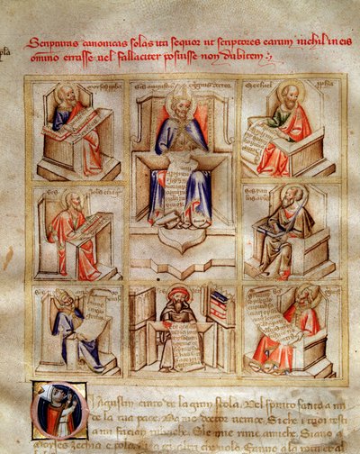 Representation av kyrkans läkare: Sankt Johannes, Sankt Ambrosius av Milano, Sankt Hieronymus, Sankt Gregoire den store och Sankt Paulus i "" Song of the Seven Vertus and the Seven Liberals Arts destinee for Bruzio Visconti"" (La Canzone delle) Virtu och d av Andrea de Bartoli