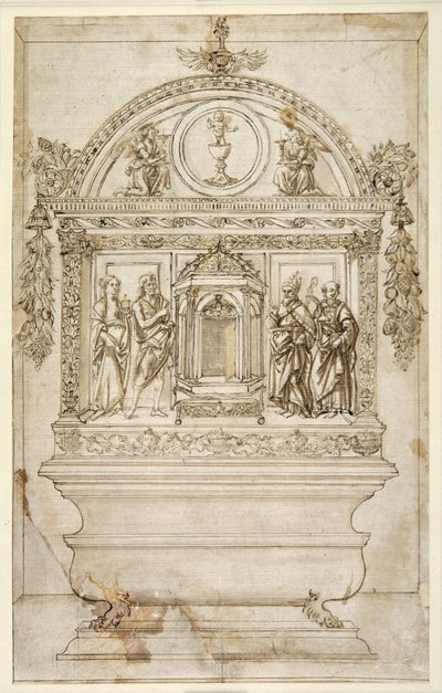 Design för altaret i ett kapell, med ett tabernakel för nattvarden (penna & brunt bläck med brun tvätt på vitt papper) av Andrea del (follower of) Verrocchio