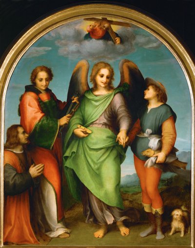 Ärkeängeln Rafael och Tobias, Sankt Laurentius och donatorn, Leonardo di Lorenzo Morelli (målning på trä) av Andrea del Sarto