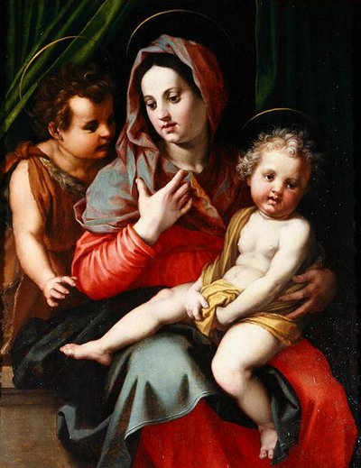 Madonna och barn med St. John (olja på panel) av Andrea del Sarto