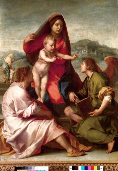 Madonna della Scala. Helig familj med en ängel. Målning av Andrea del Sarto (1486-1531) 1522-1523 Sön. 1,77x1,35 m Madrid, Pradomuseet av Andrea del Sarto