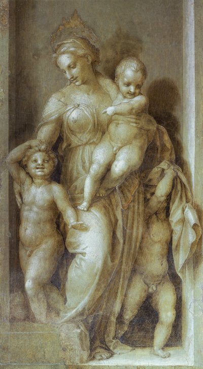 Representation av välgörenhet, detalj från Stories of St John av Andrea del Sarto (1486-1530), fresk i monokrom Cloister of Scalzo, Florens av Andrea del Sarto