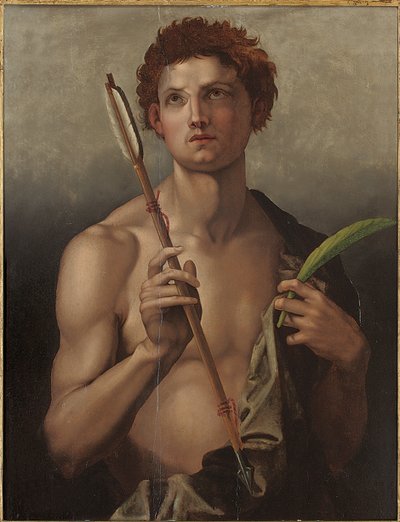 Den helige Sebastian med en pil i höger hand och martyrens handflata i vänster av Andrea del Sarto
