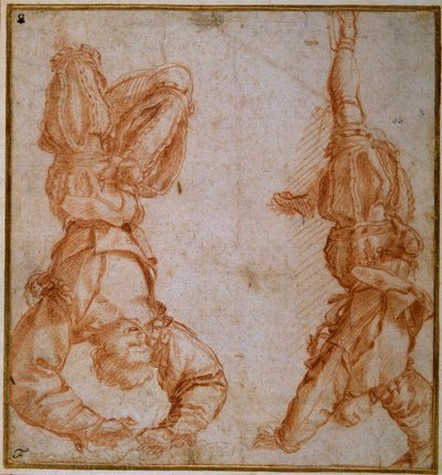Två studier av en man upphängd i sitt vänstra ben (röd krita på krämpapper) av Andrea del Sarto