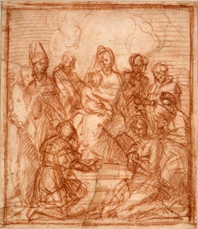 "Madonna and Child on the Throne with Eight Saints" (Enthroned Madonna with Child and eight saints (Composition study)) Sanguinteckning av Andrea del Sarto (1486-1531) 1528 Sanguine på papper Dim 15,6x13,5 cm Staatliche Museen, Berlin av Andrea del Sarto