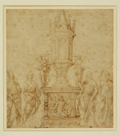 Verrocchios skola. Relikvarium mellan en helgonförklarad ... av Andrea del Verrocchio