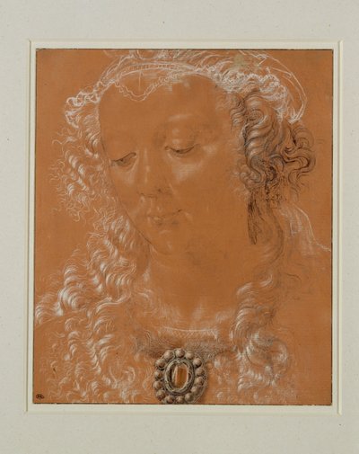 Kvinnohuvud med nedslagna ögon, något vridet åt vänster ... av Andrea del Verrocchio