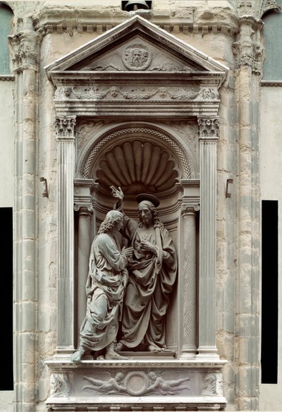 Den incredulite av St. Thomas Bronsskulptur av Andrea di Francesco di Cione dit il Verrocchio (1435-1488) Florens, Chiesa di Orsanmichele av Andrea del Verrocchio