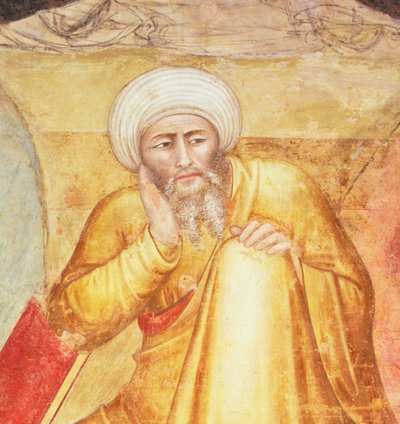 Triumf av St Thomas av Aquino, detalj av figuren under tronen, från det spanska kapellet, ca 1365 (fresk) av Andrea di Bonaiuto (fl.1343 77)