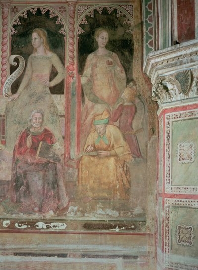 Kyrkan militant och triumferande, i det spanska kapellet, detalj av retorik, cicero, grammatik och Aelius Donatus av Andrea di Bonaiuto (fl.1343 77)