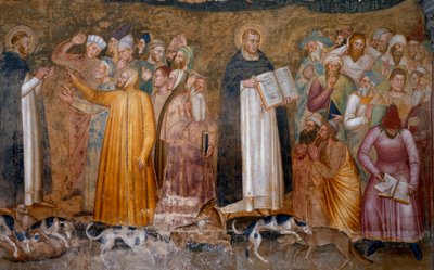 Den militanta kyrkans triumf: Thomas Aquinas före kättarna och nedre högra, Fra Dolcino slet den officiella läran om kyrkan. Spagniardernas kapell (Detalj av fresken, 1365) av Andrea di Bonaiuto (fl.1343 77)
