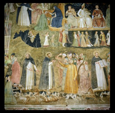 S:t Dominic som sänder Herrens hundar, med St. Peter Martyr och St. Thomas Aquinas, ca 1369 av Andrea di Bonaiuto