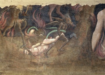 Dödens triumf, detalj av en djävul som bär bort en syndare in i helvetet, fresk från 1348 av Andrea di Cione Orcagna