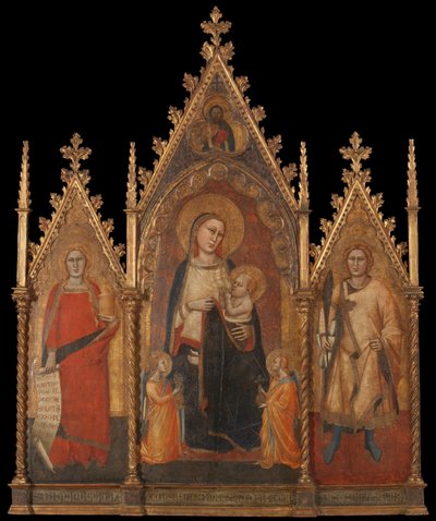 Triptyk med jungfrun och barnet och de heliga Maria Magdalena och Ansanus av Andrea di Cione named Orcagna