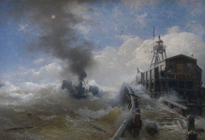 En bogserbåt som lämnar hamnen i Oostende vid högvatten av Andreas Achenbach