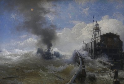 En bogserbåt lämnar hamnen i Oostende vid högvatten. 1878 av Andreas Achenbach