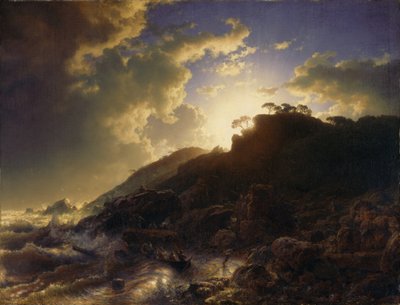 Franska: Coucher de soleil après une tempête sur la côte de la Sicile Solnedgång efter en storm på Siciliens kust av Andreas Achenbach