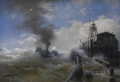 Tyska: Ein Schlepper verlässt den Hafen von Ostende bei Flut Bogserbåt lämnar hamnen i Ostende på sin höjdpunkt av Andreas Achenbach