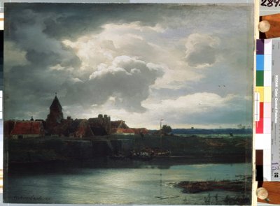 ""Village Landscape On A River"" (Landskap med en flod) Målning av Andreas Achenbach (1815-1910) 1866 Sankt Petersburg, Eremitaget av Andreas Achenbach