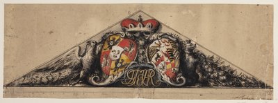 Heraldiskt utkast inbäddat i en triangulär fronton av Andreas Bodan II