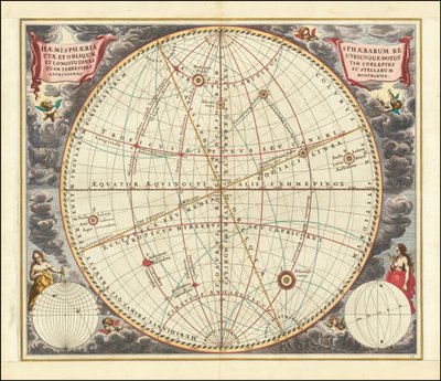 1660 års himmelskarta som illustrerar rörelserna hos både den upprättstående sfären (ekvatorns koordinatsystem) och den sneda sfären (ekliptikans koordinatsystem) av Andreas Cellarius