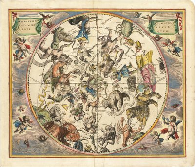 Himmelskarta från 1660 som illustrerar konstellationerna på norra halvklotet överlagrade på jordens södra halvklot av Andreas Cellarius