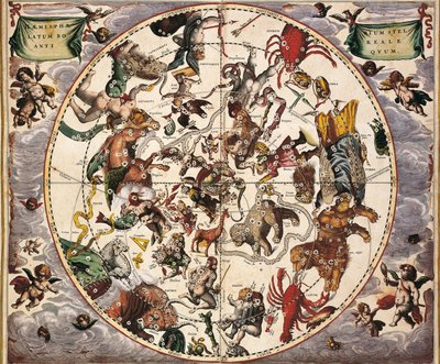 Cellarius, Andreas (1596-1665). Himmelsk atlas eller makrokosmisk harmoni. 1661. Fol 24. Urgammalt stjärnklart hemisfärsboreal. Representation av norra halvklotet. Tryckt i Amsterdam av Johannes Janssonius. Tidig modern tid Gravyr. SPANIEN C av Andreas Cellarius