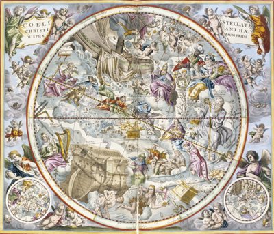 Karta över de kristna konstellationerna som avbildats av Julius Schiller, från The Celestial Atlas, eller The Harmony of the Universe atlas coelestis seu harmonia macrocosmica pub. av Joannes Janssonius, Amste av Andreas Cellarius
