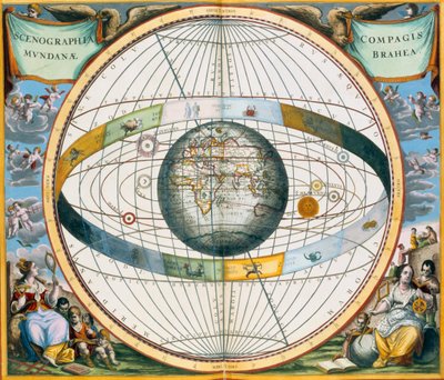 Karta som visar Tycho Brahes system av planetbanor runt jorden, 1660-1661 av Andreas Cellarius